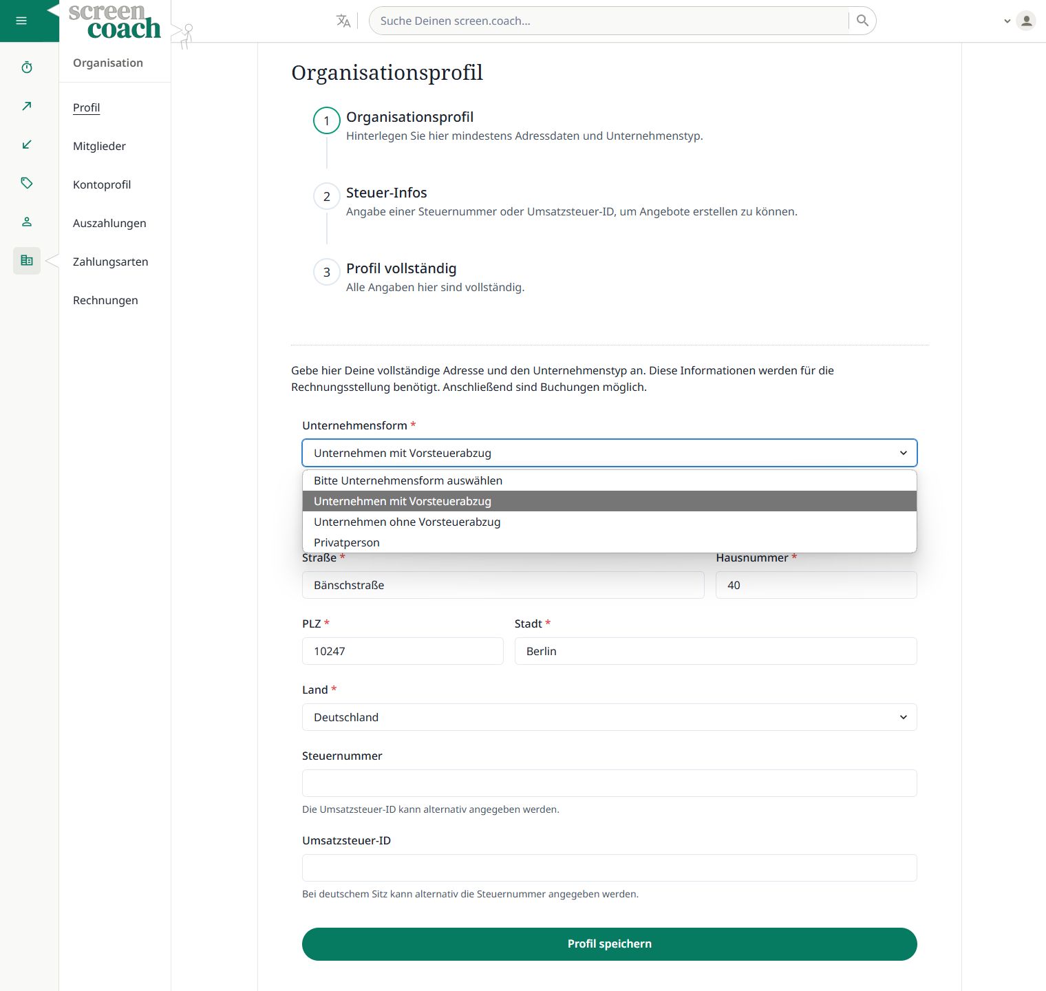 Adresse und Steuerinfo im Organisationsprofil